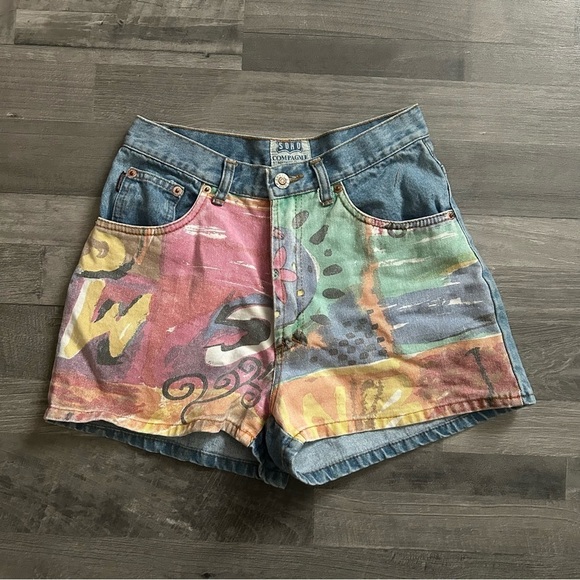 SOHO Vintage Graphic Denim High-Waisted Shorts - Picture 1 of 6
